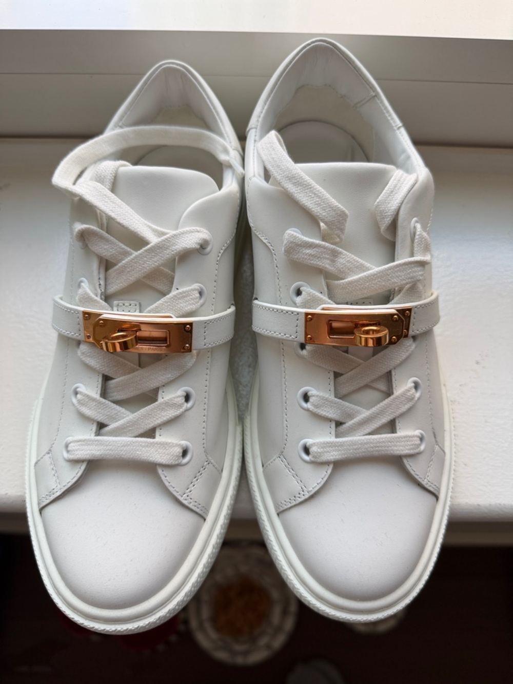 Hermes Kelly buckle white Women's Leather Sneakers with Rose Gold Accent buckle